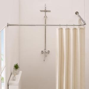 Corner Shower Curtain Rod, Brushed Nickel [24"-53"] x [24"-53"] Adjustable L Shaped Shower Rod No-Sagging 90 Degree Curved Curtain Rod for Bathroom Bathtub with 12 Ring Hooks & Ceiling Support