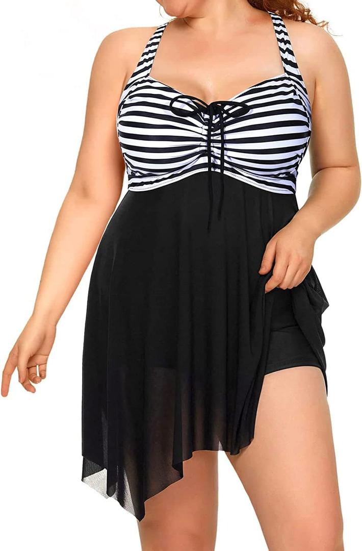 Daci Plus Size Two Piece Swim Dress with Shorts for Women Mesh Swimsuits Flowy Bathing Suits (XXL, Black and Striped) Daci Plus Size Two Piece Swim Dress with Shorts for Women Mesh Swimsuits Flowy Bathing Suits (XXL, Black and Striped)