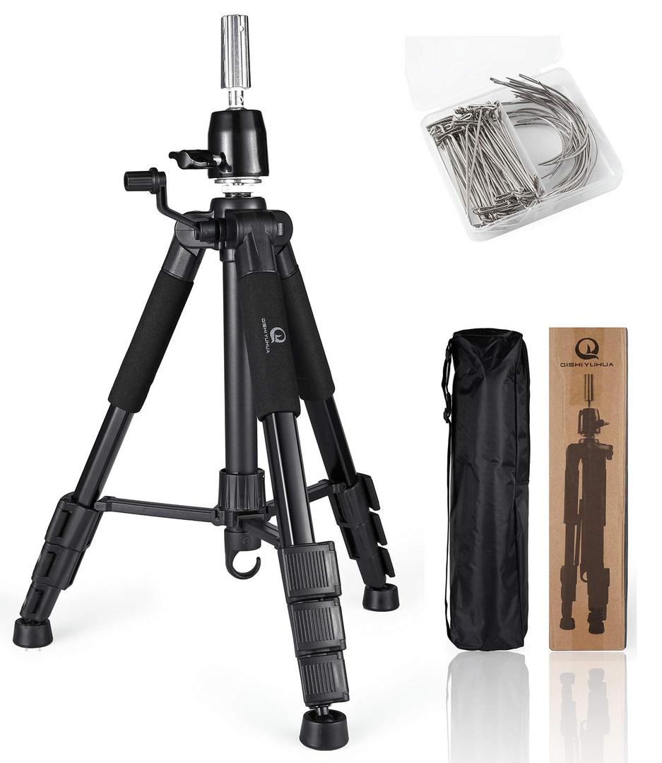 Wig Stand Tripod with Non-Slip Base Adjustable Mannequin Head Stand with Hook Heavy Duty Manikin Head Tripod