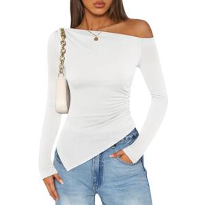 ZESICA Women's Off The Shoulder Tops 2026 Long Sleeve Y2K Asymmetrical Ruched Fitted Shirts Spring Trendy Going Out Top (Medium, White)