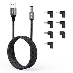 AGVEE 6.6ft USB to DC 5V Power Cord 5521(5.5x2.1mm) | Braided Nylon & Aluminum Shell | 6pcs DC Adapter Tips | Fast & Durable Charging for CCTV Cameras, Routers, LED Strips, Dark Gray