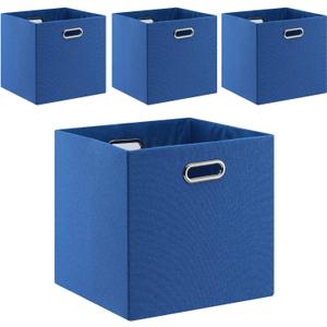 Cube Storage Bins 13x13 Linen Foldable Box with Handles, Collapsible Organization Basket Set of 4 Large Capacity Drawer for Closet Shelf Cabinet Bookcase Bedroom, Navy Blue