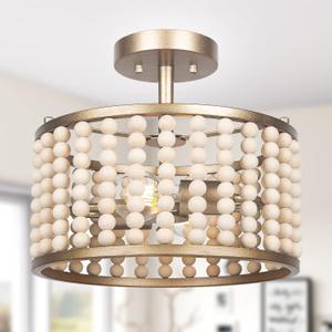 Boho Light Fixture - Wood Beaded Semi Flush Mount Ceiling Light, Modern Farmhouse Chandelier, Golden 2 Lights Nursery Light Fixture for Bedroom Hallway Foyer Kitchen Island Living Room, E26 Base