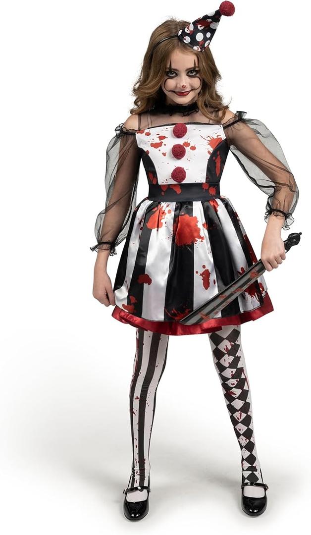 Spooktacular Creations Girls Clown Costume, Scary Clown Costume, Black and White Bloody Jester Dress for Girls Halloween Dress Up, Role Play, Cosplay Party, Small(5-7 yrs)