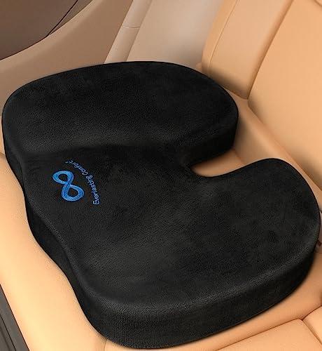 Everlasting Comfort Memory Foam Car Seat Cushion - Tailbone Pain Relief, Driving Seat Cushion for Short People - Office, Wheelchair, Gaming Chair, Travel - Non-Slip, Washable Cover Black