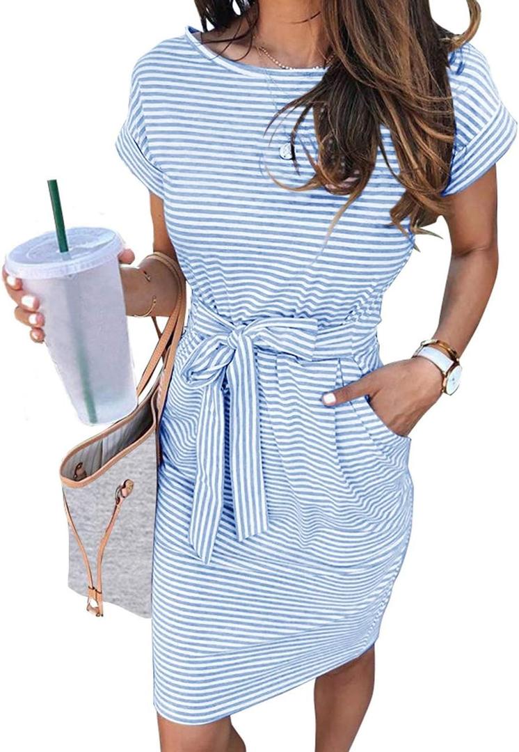 MEROKEETY Women's Summer Striped Short Sleeve T Shirt Dress Casual Tie Waist with Pockets (Medium, Blue)
