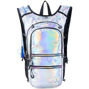 Hydration Backpack Pack with Cool Lights, 2L Water Bladder, Lightweight Bag for Running, Hiking, Bike, Climbing, Music Festival Essential, and Rave (Holographic-Silver)
