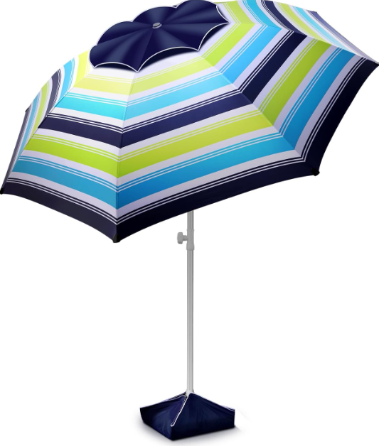 Fisqueen 8FT Large Beach Umbrella with Level 7 Wind Resistance Sand Anchor Sand Bag, Portable Outdoor Umbrella with UPF50+ UV Protection, Tilt Sun Shelter for Beach, Patio, Yard