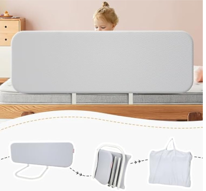 Q-MIULIKE Baby Bed Rail for Toddlers Foldable Portable Easy to Install Travel Toddler Bed Rails 27 Height Adjustable Suitable for Full King Queen Twin Bed Sizes (Grey 59 Inch, 1 Piece