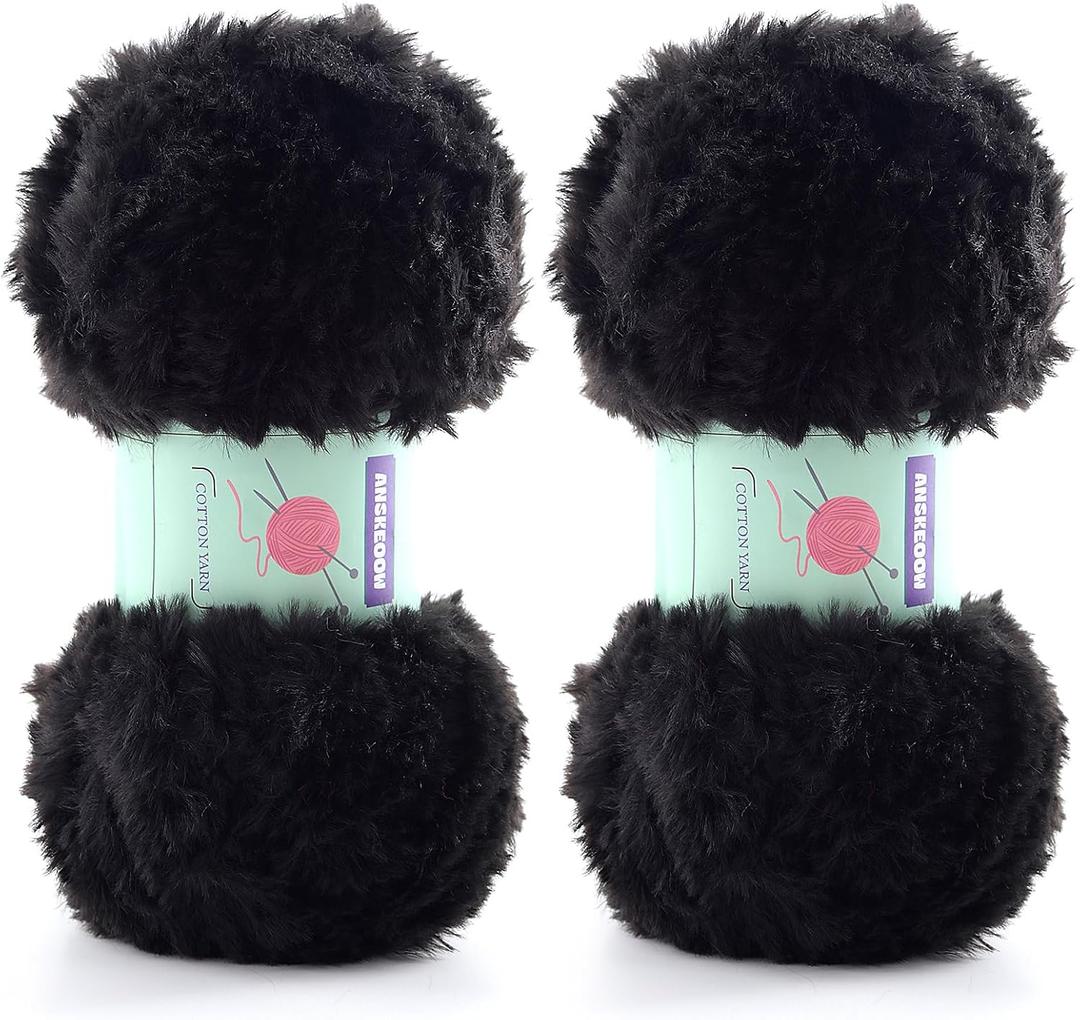 2 Skeins Soft Chunky Fluffy Fuzzy Faux Fur Yarn for Crocheting - Eyelash Furry Yarn for Knitting Blankets, Scarves and Sweaters, 3.5 Oz/75 Yards Per Roll(Black)