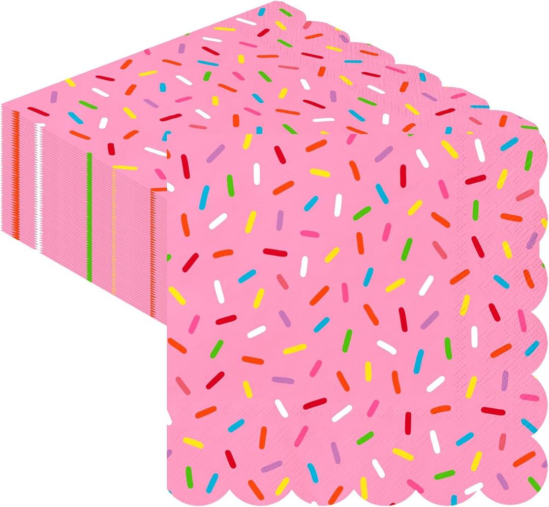 Crtiin 100 Pcs Donut Sprinkle Napkins Scalloped Ice Cream Napkins Disposable 2 Ply Donut Party Paper Cocktail for Baby Shower Birthday Wedding Party Cupcake Table Decor Supplies(Pink)