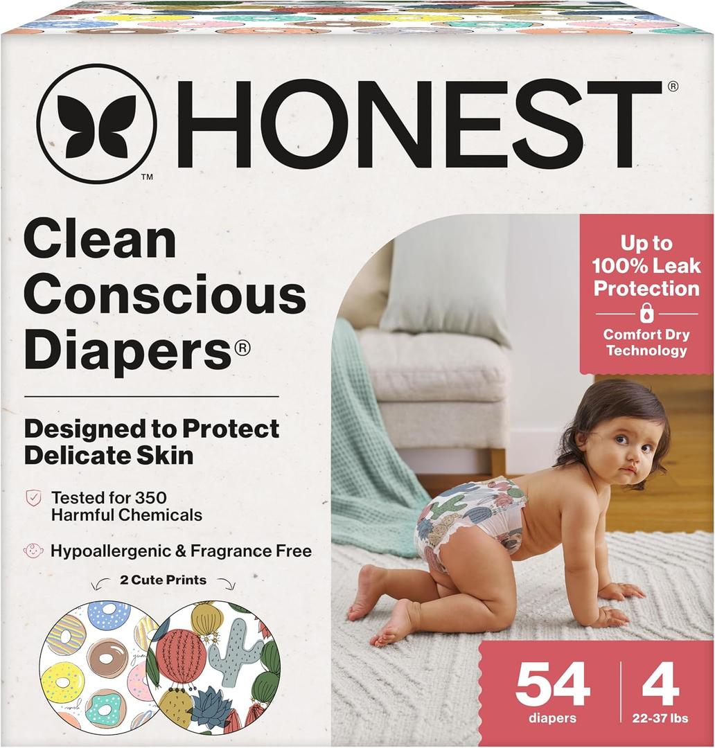 The Honest Company Comfort Dry Disposable Diapers for Sensitive Skin, Hypoallergenic, Fragrance-Free, Donut Grow Up + Cactus Cuties, Club Box, Size 4 (22-37 lbs), 54 Count