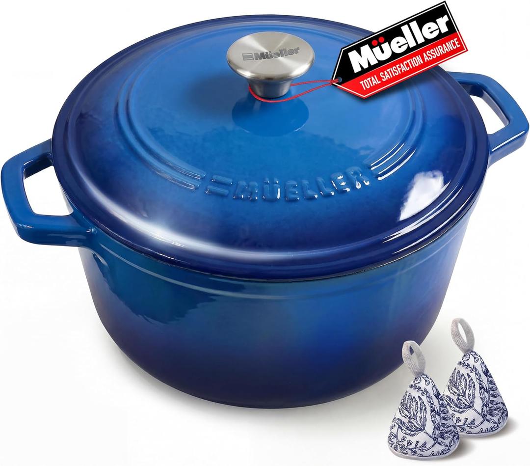 Mueller 6qt Enameled Cast Iron Dutch Oven, Heavy-Duty Casserole and Braiser Pan with Lid and Knob, Oven-Safe up to 500 F & Across All Cooktops, Aqua Blue
