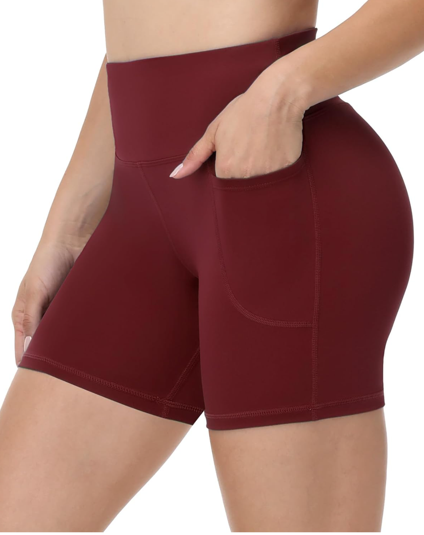 Biker Shorts Women with Pockets - 8''/5''/3'' High Waisted Yoga Workout Gym Spandex Tummy Control Shorts Size Extra Large , Maroon 
