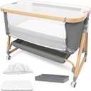 Baby Bassinet Bedside Sleeper CPSC Certified 3-in-1 Portable Crib with 4in Large Wheels 6 Height Adjustable Includes Mosquito Net Mattress Storage Basket Aluminum Alloy Woodgrain Gray