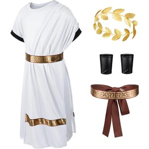Kids Toga Costume Roman Robe Greek God Outfit Halloween Cosplay Costume Accessories Set, 7-8 years