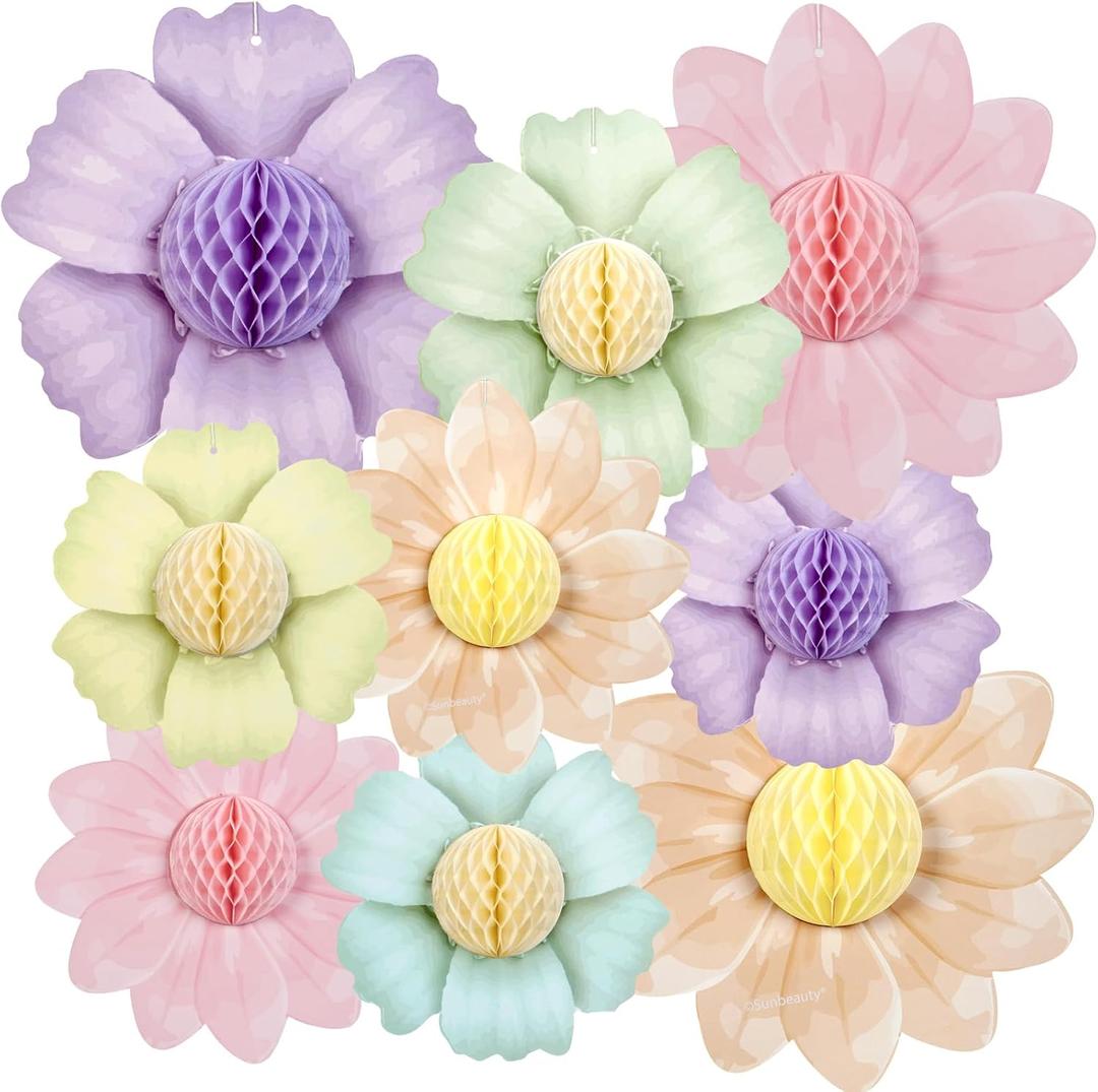 SUNBEAUTY 9 PCS Pastel Rainbow Party Decorations 10 Inch Giant Paper Flowers 3D Honeycomb for Party Pastel Hanging Flower Decorations for Girls Wall Birthday Wedding Backdrop Bridal Shower Classroom (Floral)