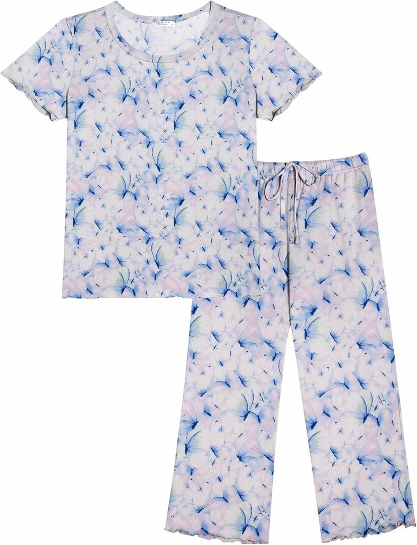 Ekouaer Women's Pajamas Set Short Sleeve Sleepwear 2 Piece Round Neck Top Capri Pants Loungewear with Pockets (X-Large, Blue/White Floral)