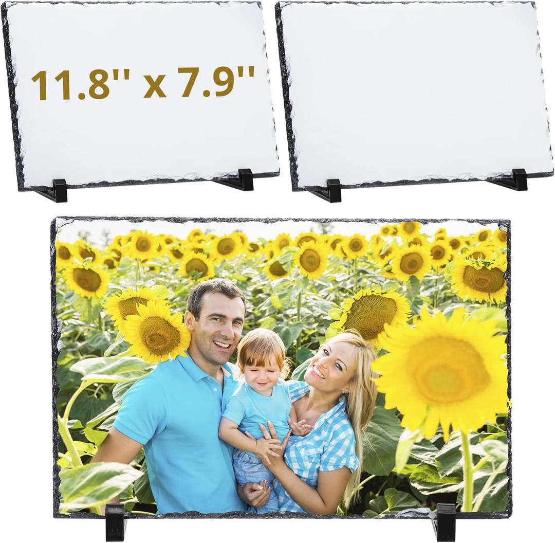 3 PCS Sublimation Slate Blanks, 11.8 x 7.9 Inch Sublimation Blank Rock Slates for Thermal Heat Press Transfer Photos, Rectangular Custom Picture Stone Slates with Display Stands (White)