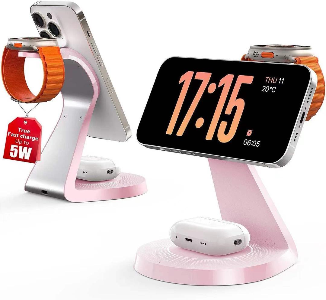 3 in 1 Charging Station for Apple Devices, Mag-Safe Charger Stand Fast Charging, Wireless Charger for iPhone 16/15/14/13/12 Series, & AirPods, & iWatch (USB-C Charger Included) (Pink)