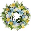 Faux Silk Cherry Blossom Flower Spring Summer Easter Wreath 24-26" for Front Door  Pink Purple Yellow Plum Blossom Green Eucalyptus Leaves  Farmhouse Front Porch Decor, Outdoor Indoor Use