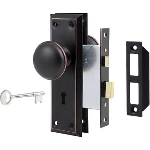 Mortise Lock Set for Interior Door, Vintage Door Knobs with Lock and Skeleton Key, Antique Door Knobs Oil Rubbed Bronze Finish