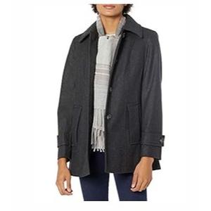 London Fog Women's SingleBreasted Wool Blend Coat with Scarf, Charcoal, XL