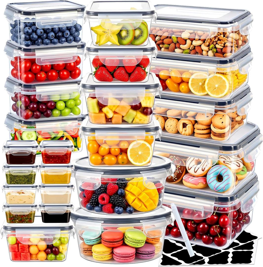 24 Pack Food Storage Containers with Lids (24 Containers & 24 Lids), Reusable Plastic Food Containers for Kkitchen organizers and storage, Leakproof Meal Prep Container with Labels & Pen