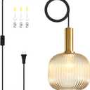 Amber Plug in Pendant Light, Mid Century Modern Hanging Light with Plug in Cord Ribbed Glass Shade, Vintage Gold Hanging Lamps for Living Room, Bedroom, Kitchen, Dining Room