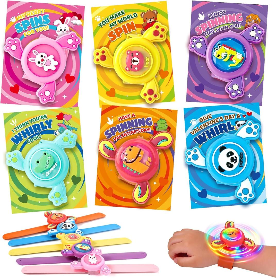 Shyling Valentines Day Gifts for Kids - 24 Pack Valentines Day Cards for Kids School with LED Light Up Fidget Spinner Slap, Valentines Party Favors Glow Toys for Kids Classroom Prize Exchange.