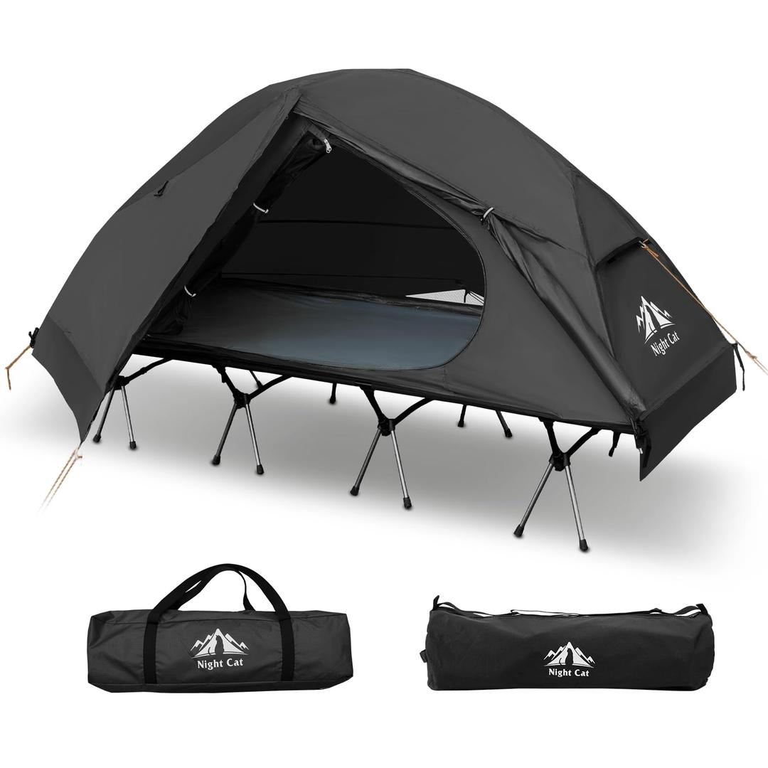 Night Cat Camping Cot Tent - Waterproof 1-Person Off-Ground Combo Cot Bed for Adults Portable Easy Set-up Tent Black 31.5'' Width