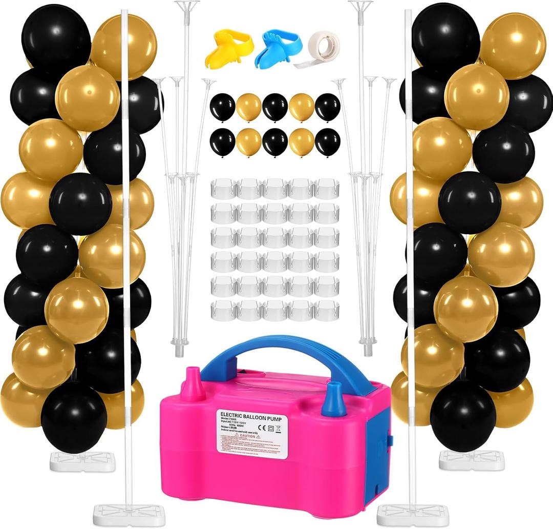 2 Sets Balloon Column Stand Kit and Electric Balloon Pump Adjustable 7.2 ft Balloon Stand for Floor 100 Pcs Balloons for Graduation Baby Shower Birthday Wedding Party Decor Black and Gold