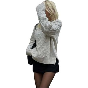 RoseSeek Women's Cable Knit Sweater Crew Neck Long Sleeve Loose Pullover Jumpers, White, L