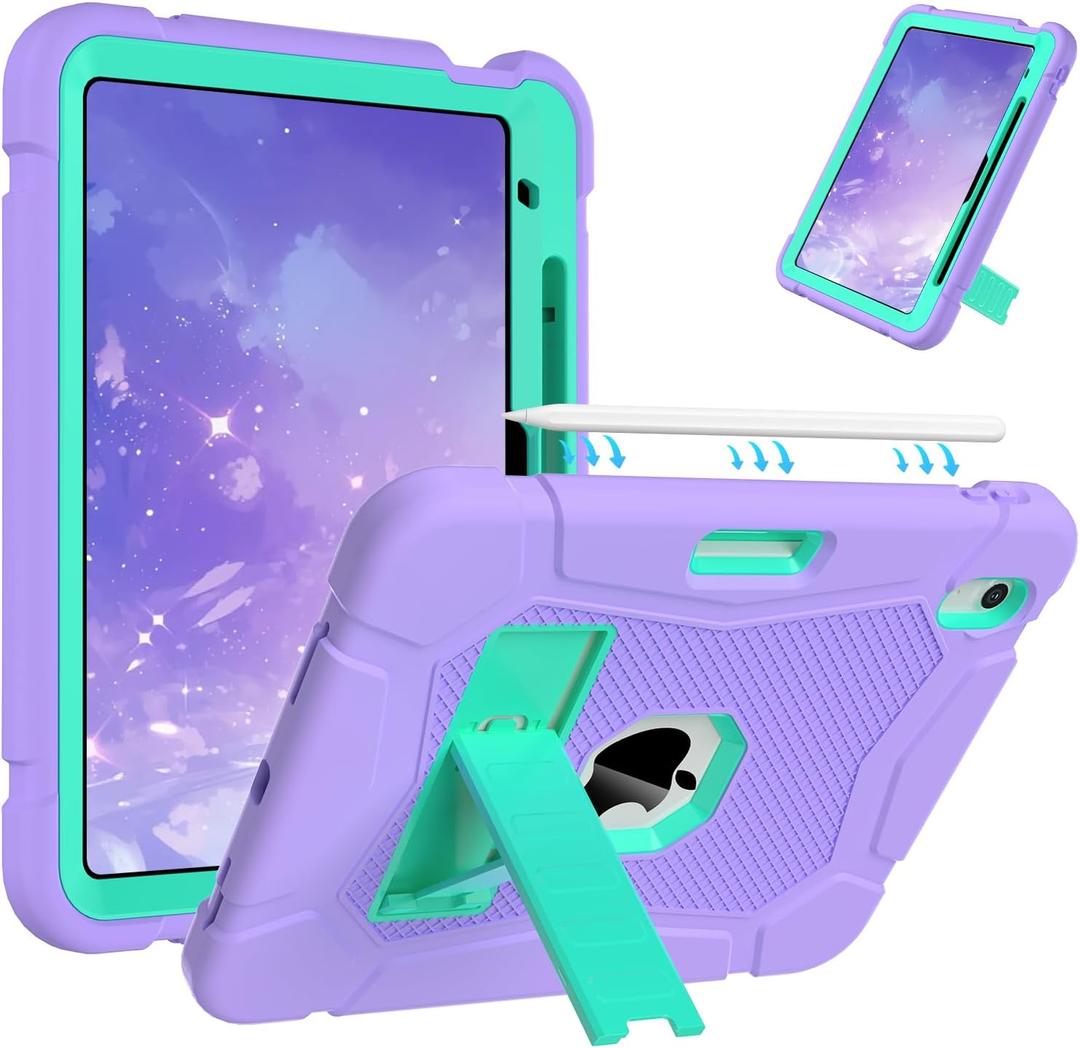 AVAWO Case for New iPad (A16) 11th Generation 11 Inch 2025, iPad 10th Generation 10.9" 2022, Heavy Duty Military Grade Shockproof Rugged Protective Cover with Stand for i Pad 11/10 Gen, Purple + Teal