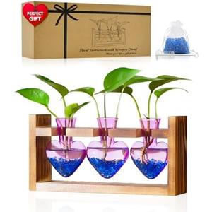 Nacome Plant Terrarium for Office Decor: Birthday Gifts for Plant Lovers Women Mom Wife - Wooden Stand Tabletop Planter 3 Bulb Glass Vase Heart Shaped for Hydroponics Indoor Home(Purple)