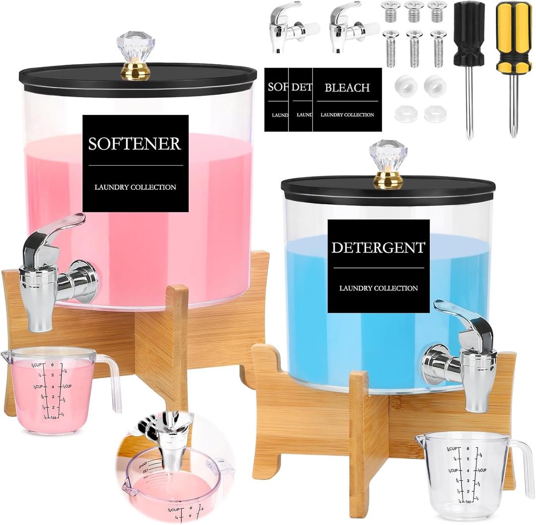 Laundry Detergent Dispenser Set, 2 Pack Large and Small Acrylic Containers with Bamboo Stands, 1.25 Gallon Total, Laundry Room Organization