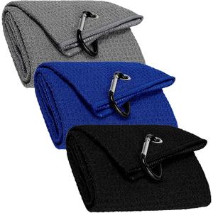 Microfiber Golf Towel, 3 Pack Large Towels (16" x 24"), Portable Waffle Pattern Towels for Golf Bag with Carabiner Clip, Loop Fastener for Men Women (Black+Grey+Blue)