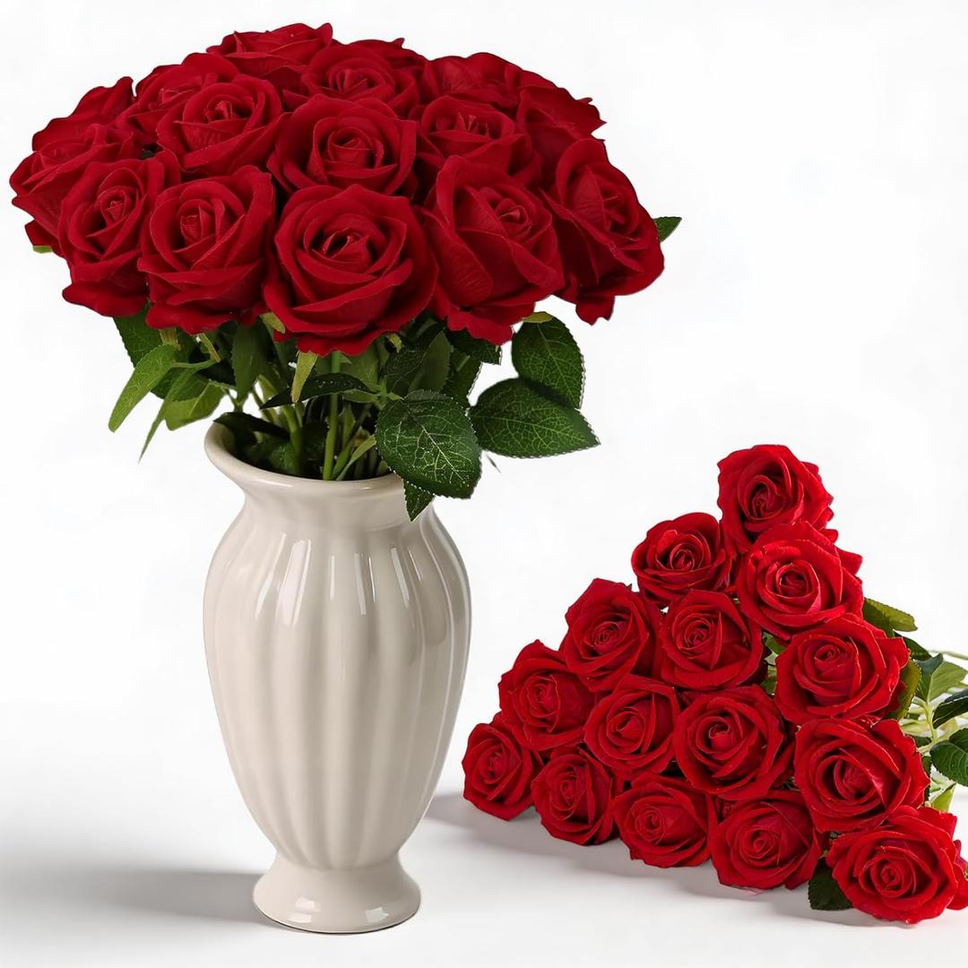 12 Red Roses Bouquet, Fake Roses with Stems, Rose Artificial Flowers, Valentines Day Flower, Fake Velvet Silk Rose Bulk Faux Flower for Anniversary Arrangement, Artificial Floral Wedding Decor