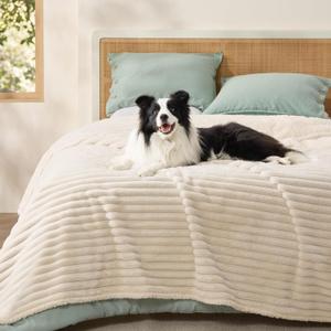 Bedsure ComfyFleece Waterproof Blanket for Bed - Soft Plush Dog Blankets for Large Dogs Corduroy Fleece Washable, Cozy Calming Reversible Furniture Protection for Pet Cat,86"x90", Queen,Cream