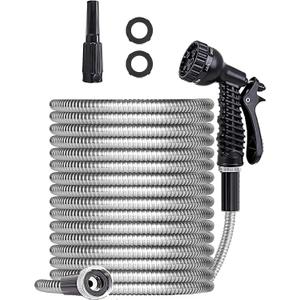 Metal Garden Hose 50FT, Stainless Water Hose with Adjustable Nozzle Sprayer, Heavy Duty Hoses for Yard, Outdoor - Flexible, Never Kink & Tangle, Puncture Resistant
