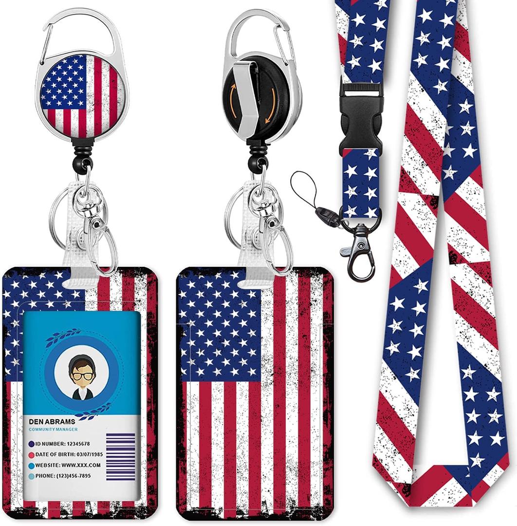 American Flag Lanyards for ID Badges, Badge Reel Retractable Badge Holder with Lanyard for Teacher, Women, Kids