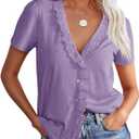 Floral Find Womens Short Sleeve Button Down Tops Casual Summer V-Neck Lace Trim Blouse Cute Tee, Purple, X-Large (Purple, XL)