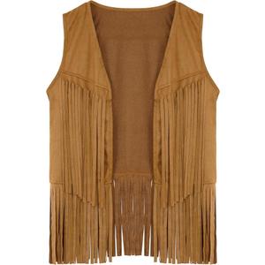 Womens Tassel Fringe Vest Sleeveless Western Cowgirl Vest 70s Costume Tops Hippie Jacket for Halloween, Brown, 2XL
