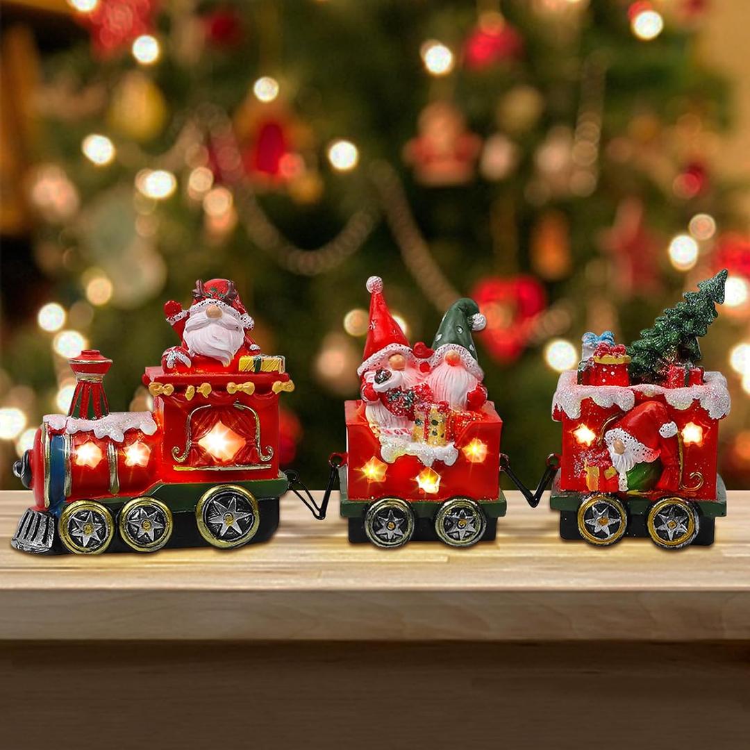 ANALIM Christmas Table Decorations, Lighted Train Decorations Resin Santa Claus Gnomes on Carriage Train Christmas Table Centerpieces for Indoor Home Tabletop Decorations