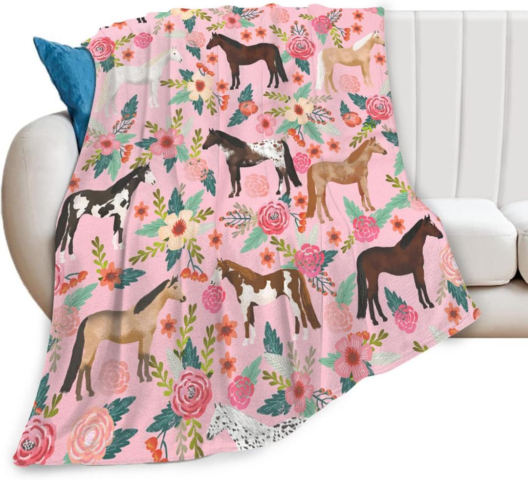 Horse Blanket Gifts for Girls Women Western Horses Flowers Print Fleece Flannel Throw Blankets Soft Lightweight Animal Plush Stuffed Pink Throws for Kids Adults Bed Sofa Decor 50"x40"