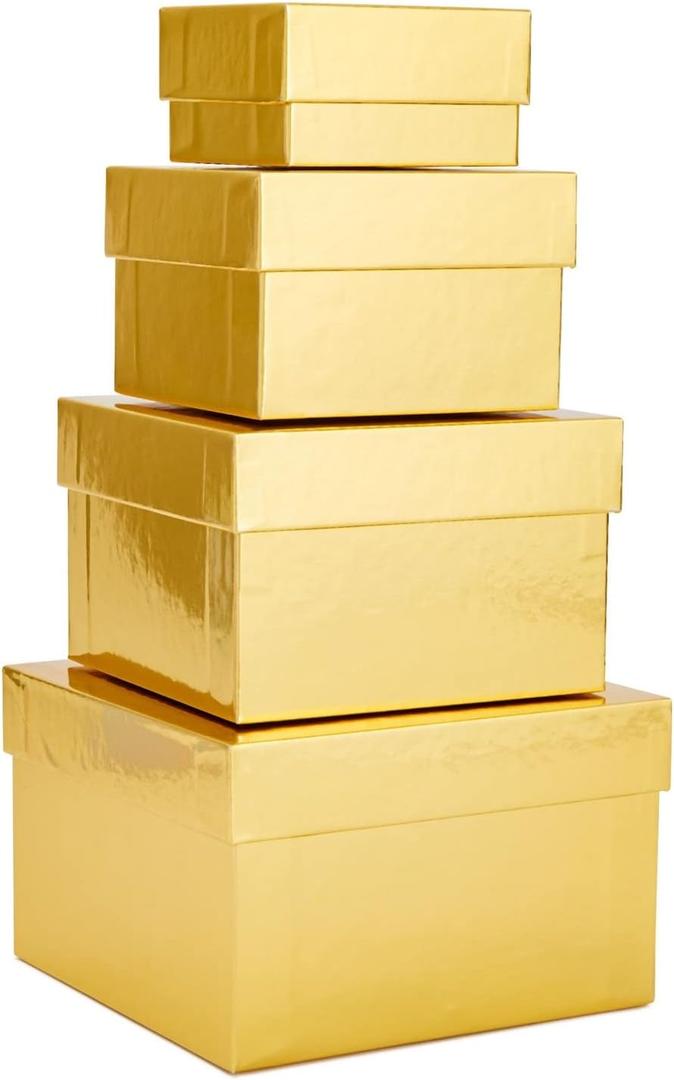 Stockroom Plus 4-Pack Square Gold Nesting Gift Boxes with Lids - Assorted 4 Sizes (6.25 x 6.25 x 4 in to 3.25 x 3.25 x 2 in) - Space-Saving & Stackable - Decorative Gold Gift Boxes