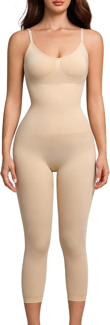 Women Open Bust Bodysuit Seamless Tummy Control Full Body Shaper Shapewear Capri Butt Lifter Thigh Slimmer (Beige, S)