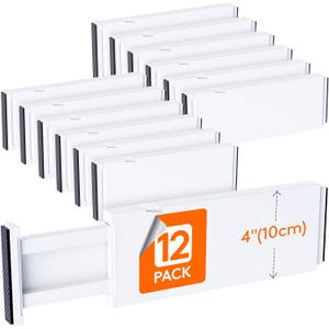 Lifewit 12 Pack Drawer Dividers 4" High,11-17" Adjustable Dresser Drawer Organizers for Clothes, Expandable Dresser Separators in Bedroom/Bathroom/Kitchen/Vanity/Office Organization and Storage, White (4"High, 11-17"Long)
