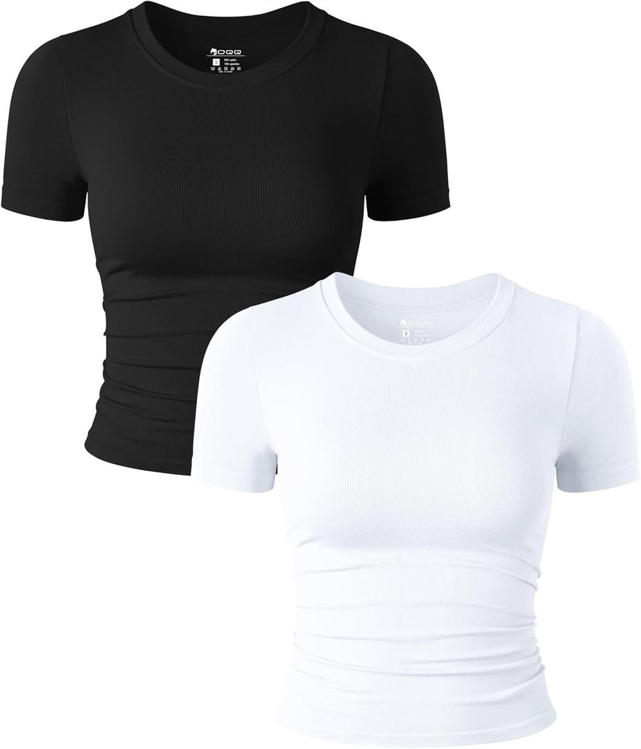 Womens 2 Piece Shirts Short Sleeve Crew Neck Ruched Stretch Fitted Tee Shirts Crop Tops (Small, Black,white)