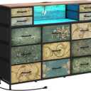Tohomeor Retro Dresser with Charging Station & LED Light with Boho Fabric Drawers for Bedroom Chest of Drawers TV Stand with Power Outlet Open Shelf Storage (13 Drawers) (11.8"D x 47.2"W x 35.6"H (13 Drawers))